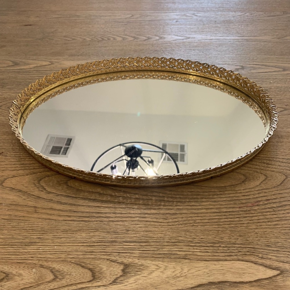 Vintage Gold Filigree Mirrored Vanity Tray Oval Floral Ornate Metal 16" x 11"